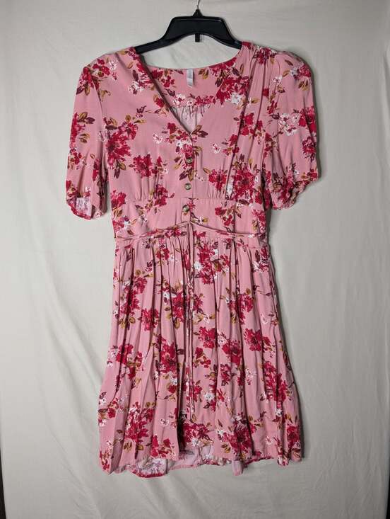 Xhilaration Dresses & Skirts - Xhilaration Pink Floral Button-Front V-Neck Smocked Waist Mini Dress
